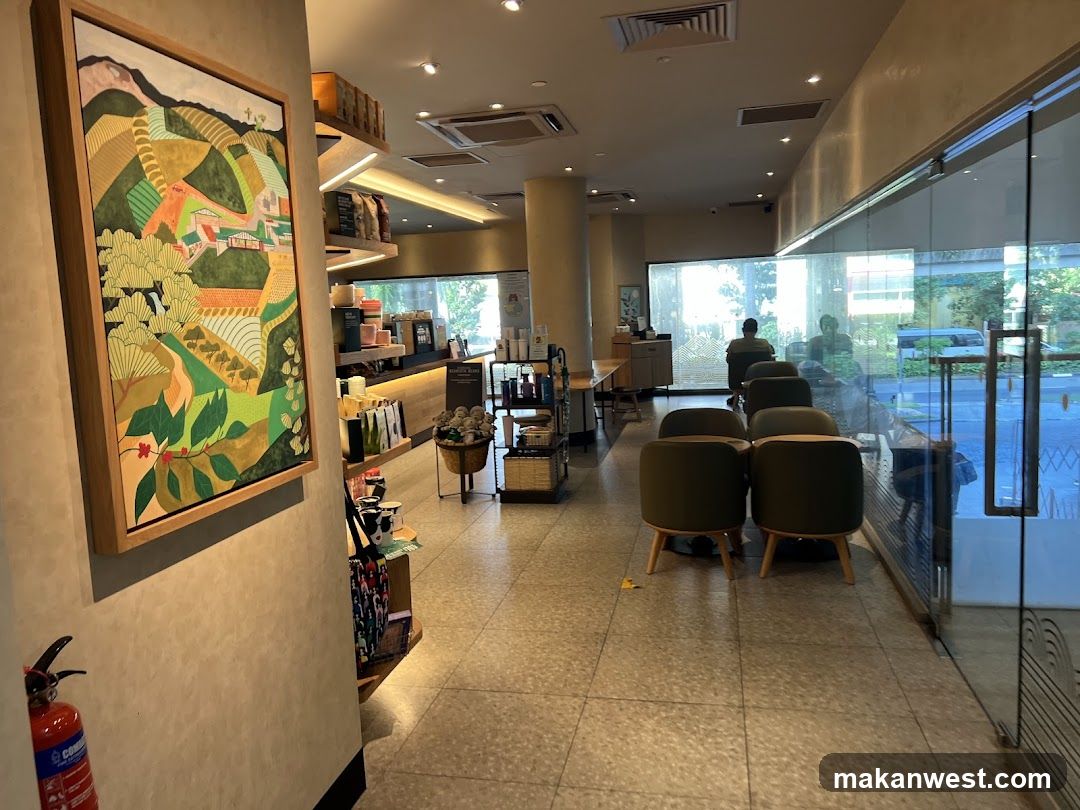 Coffee Shop Interior with Artwork and Seating Area