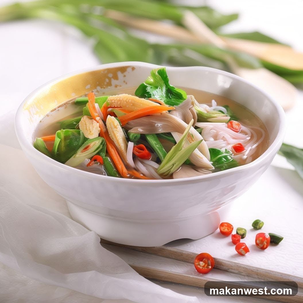 Bowl of Noodle Soup with Vegetables and Chili Peppers