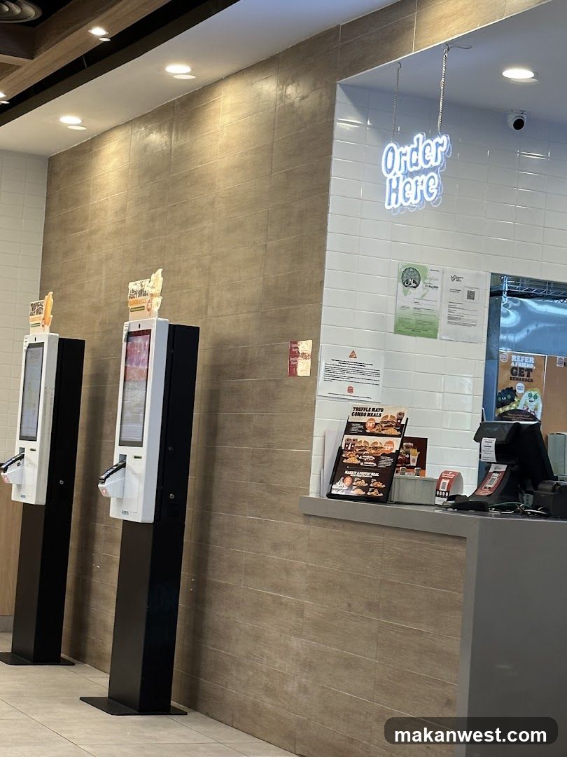 Fast Food Store Interior with Self-Ordering Kiosks