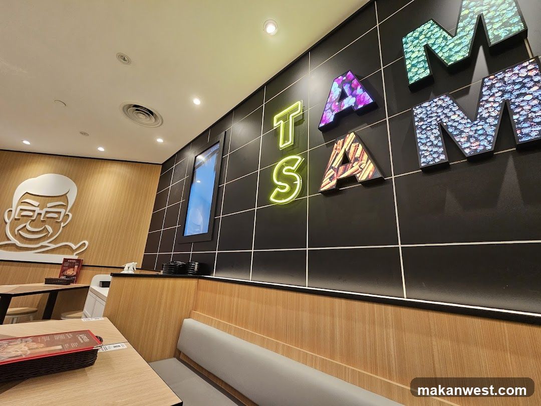 Interior of a restaurant with illuminated signage