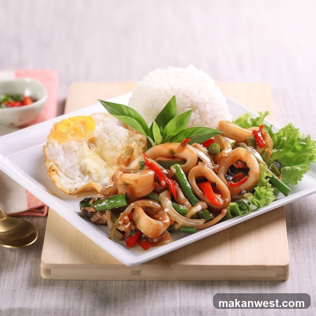 Squid Stir Fry with Fried Egg and Rice