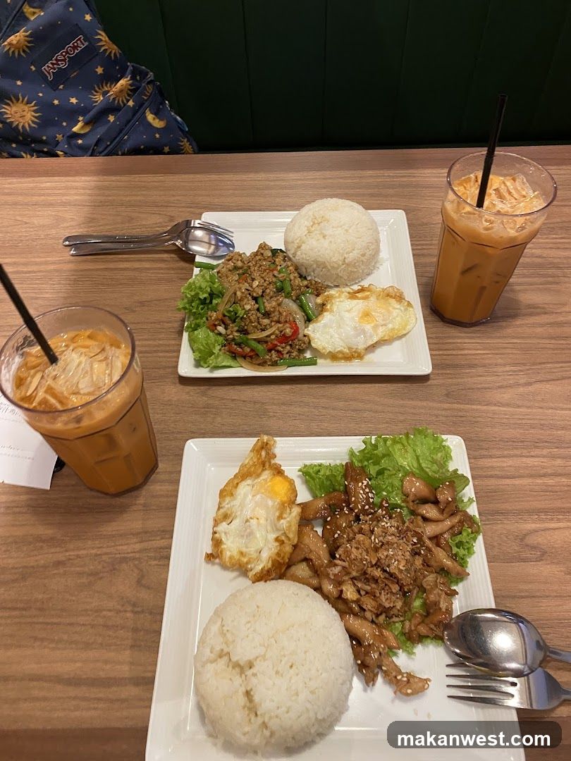 Thai-style meal with iced coffee