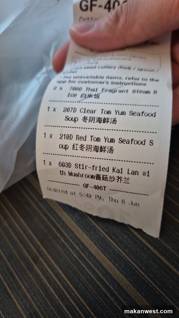 Receipt with Thai Food Orders