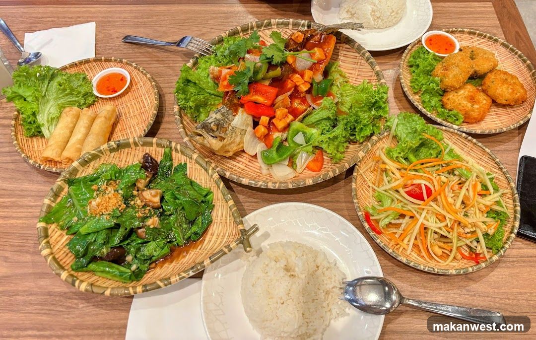 Thai-style meal spread on woven trays