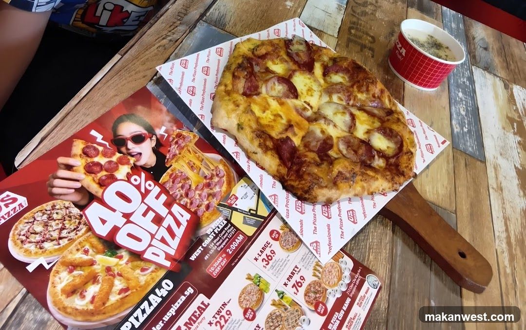 Pizza and Menu on Wooden Table