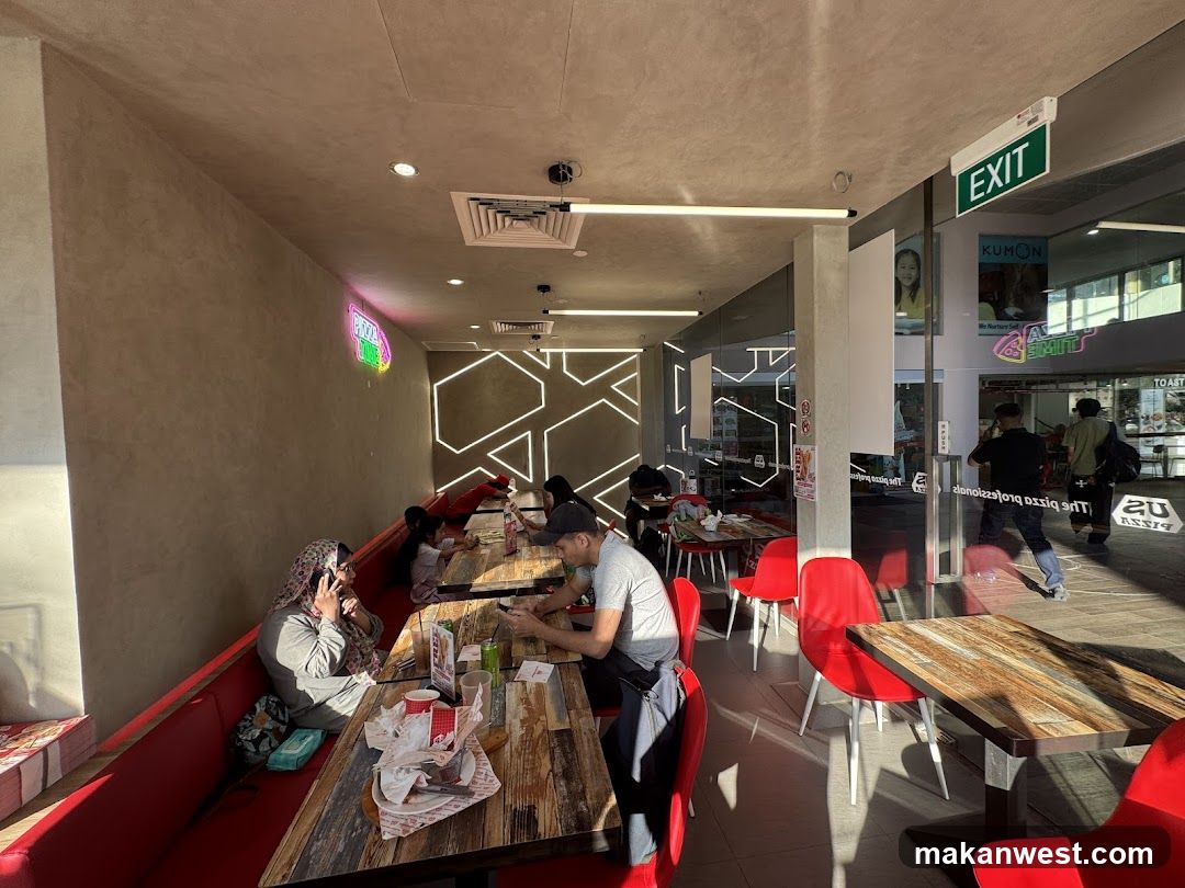 Restaurant Interior with Red Booths and Wooden Tables