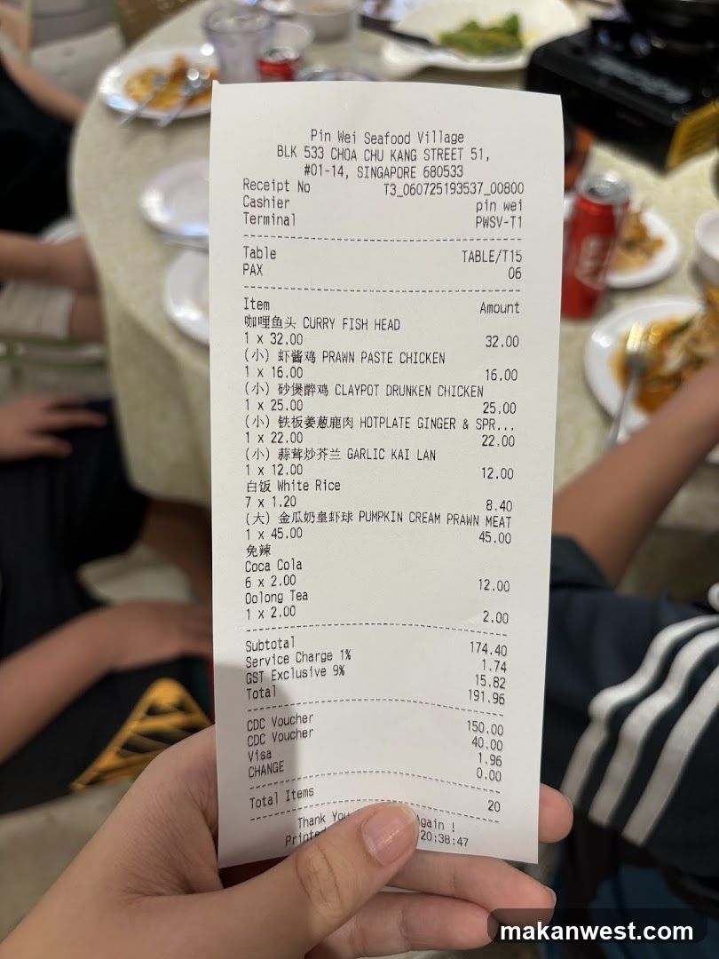 Receipt at Pin Wei Seafood Village