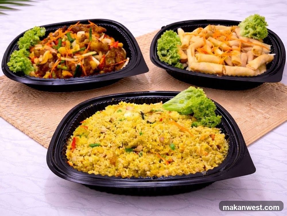 Three Black Takeout Containers with Asian Dishes