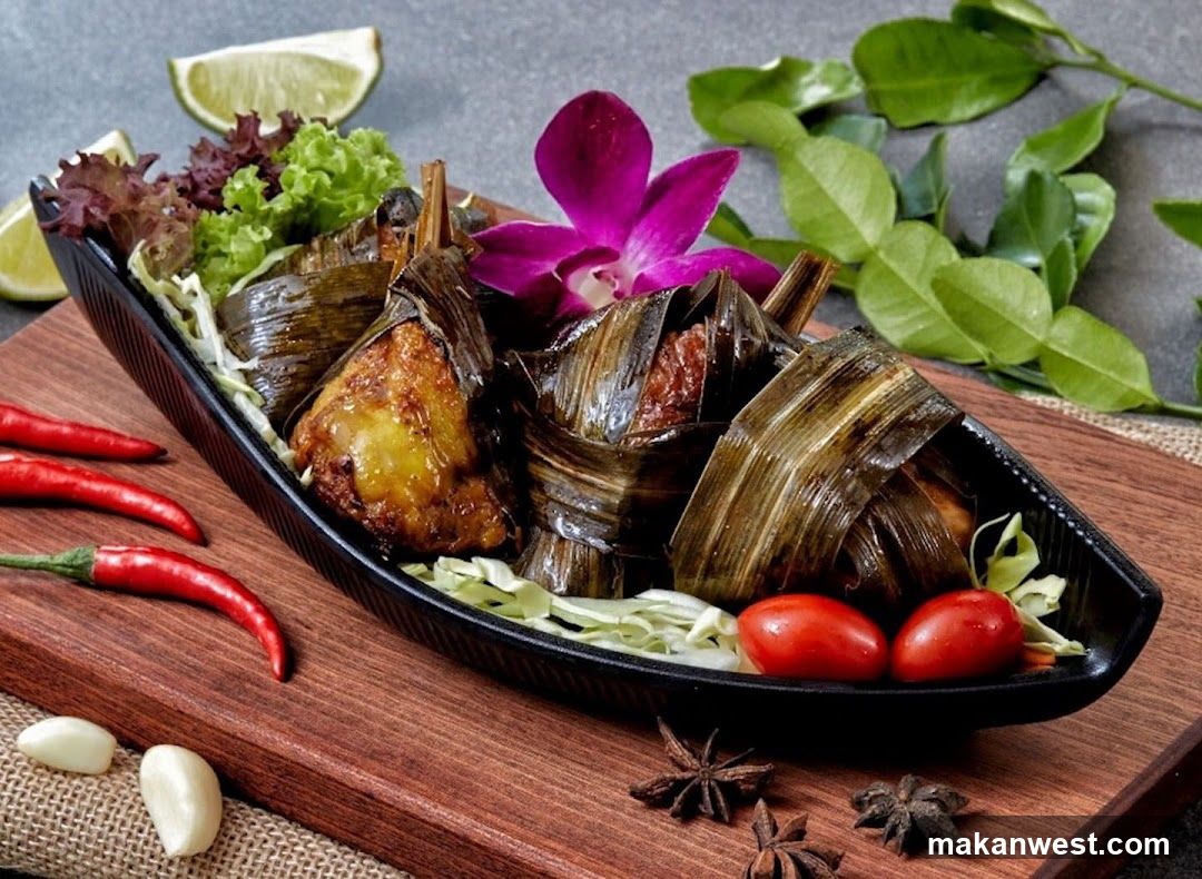 Grilled Meat in Banana Leaf with Garnishes