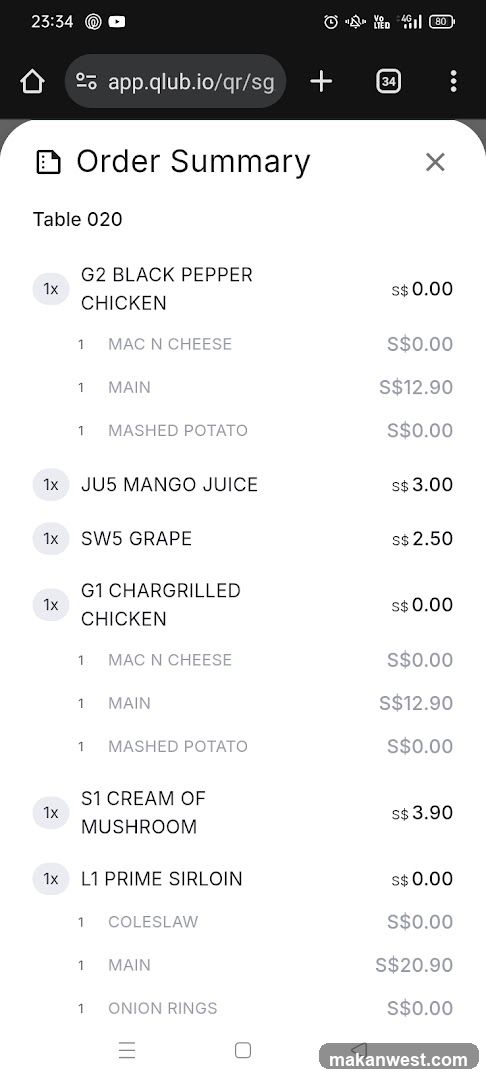Order Summary - Table 020