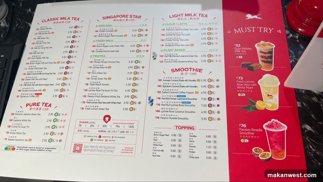 Singapore Milk Tea Menu