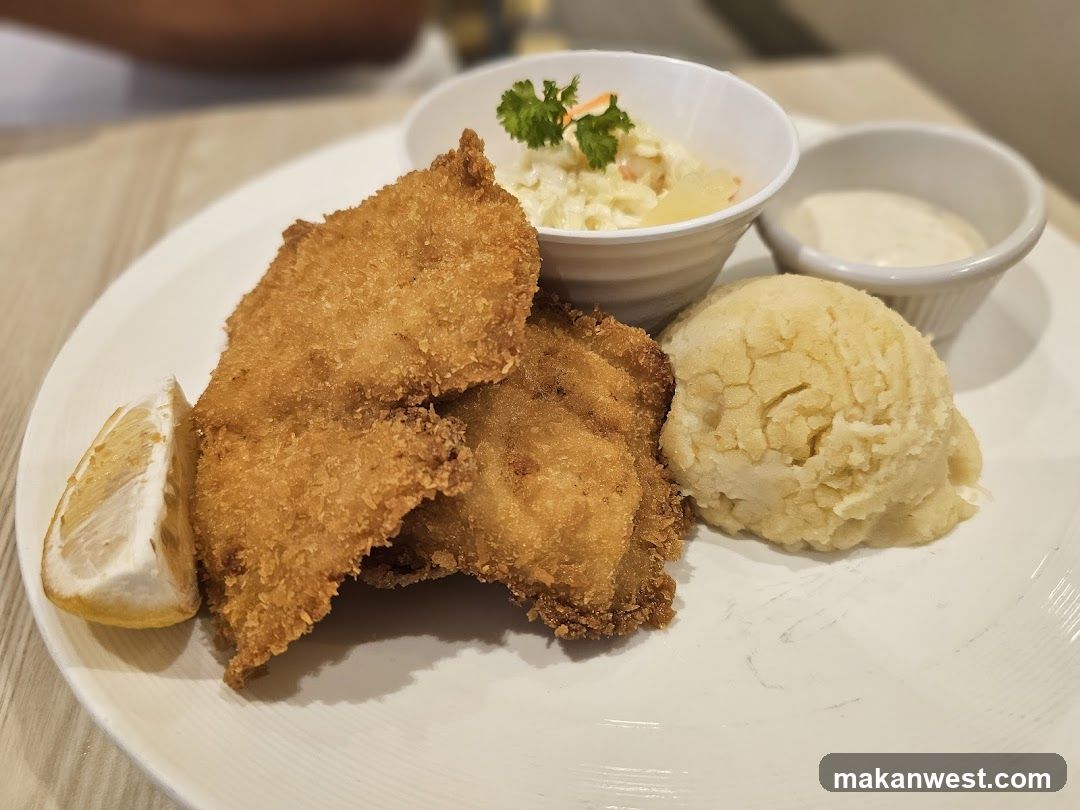 Fried Fish with Mashed Potatoes and Coleslaw