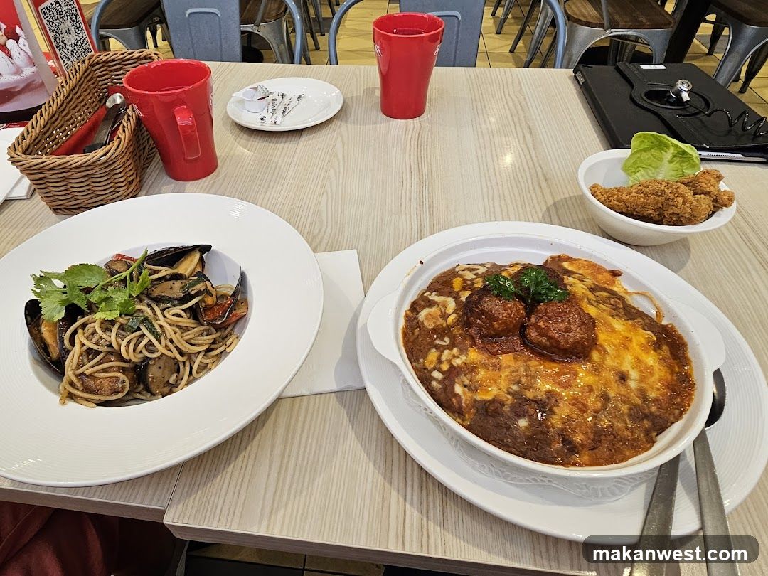 Dining Table with Mussels and Pasta Dish