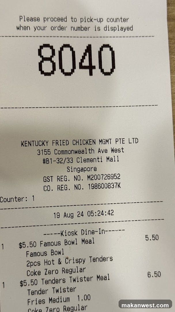 Receipt from Kentucky Fried Chicken MGMT PTE LTD