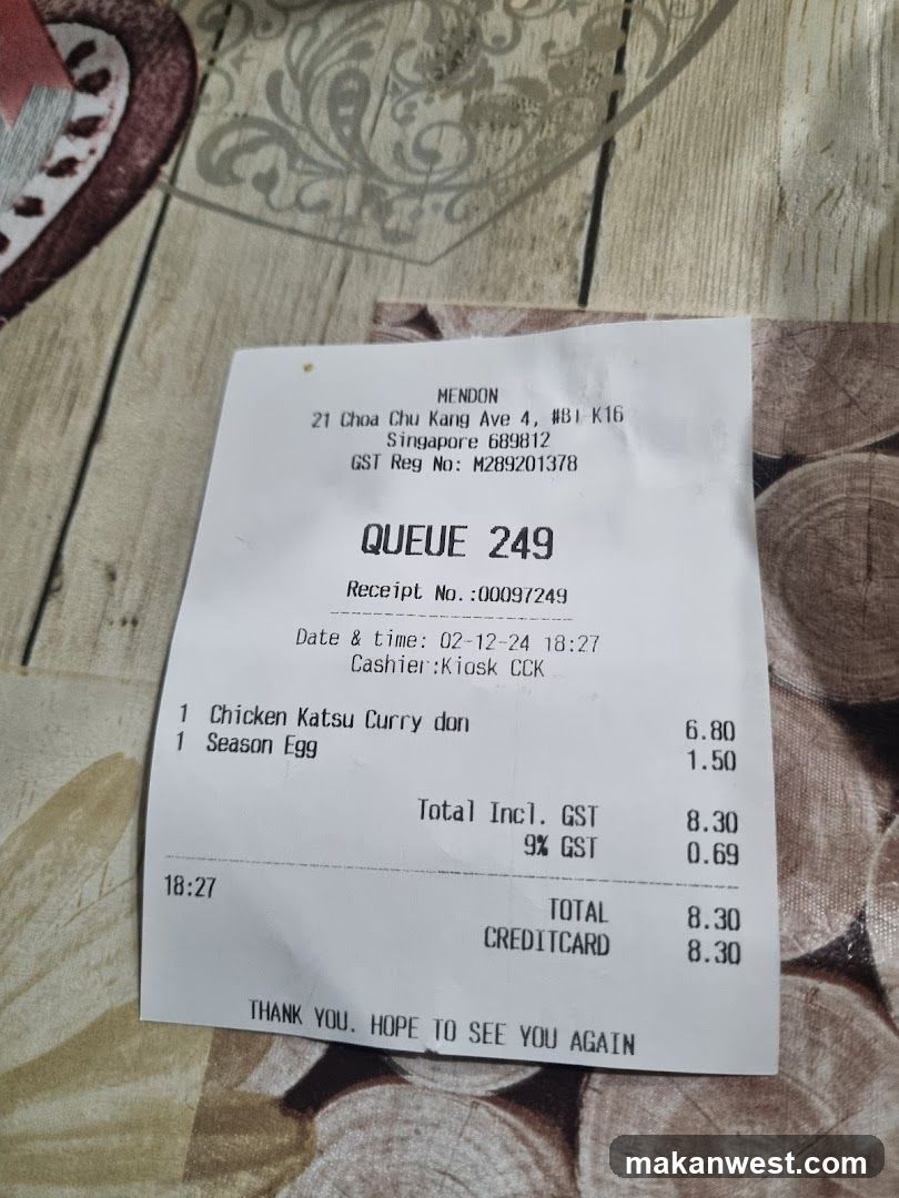 Receipt from Mendon Restaurant
