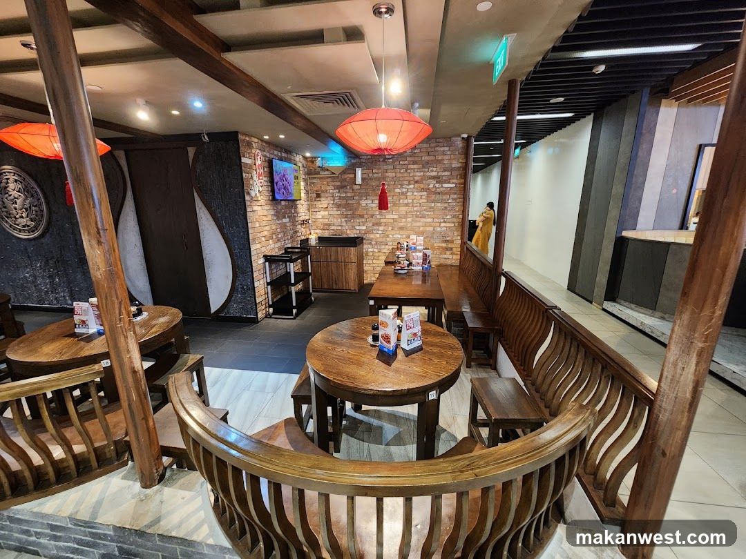 Restaurant Interior with Wooden Seating and Brick Wall Decor