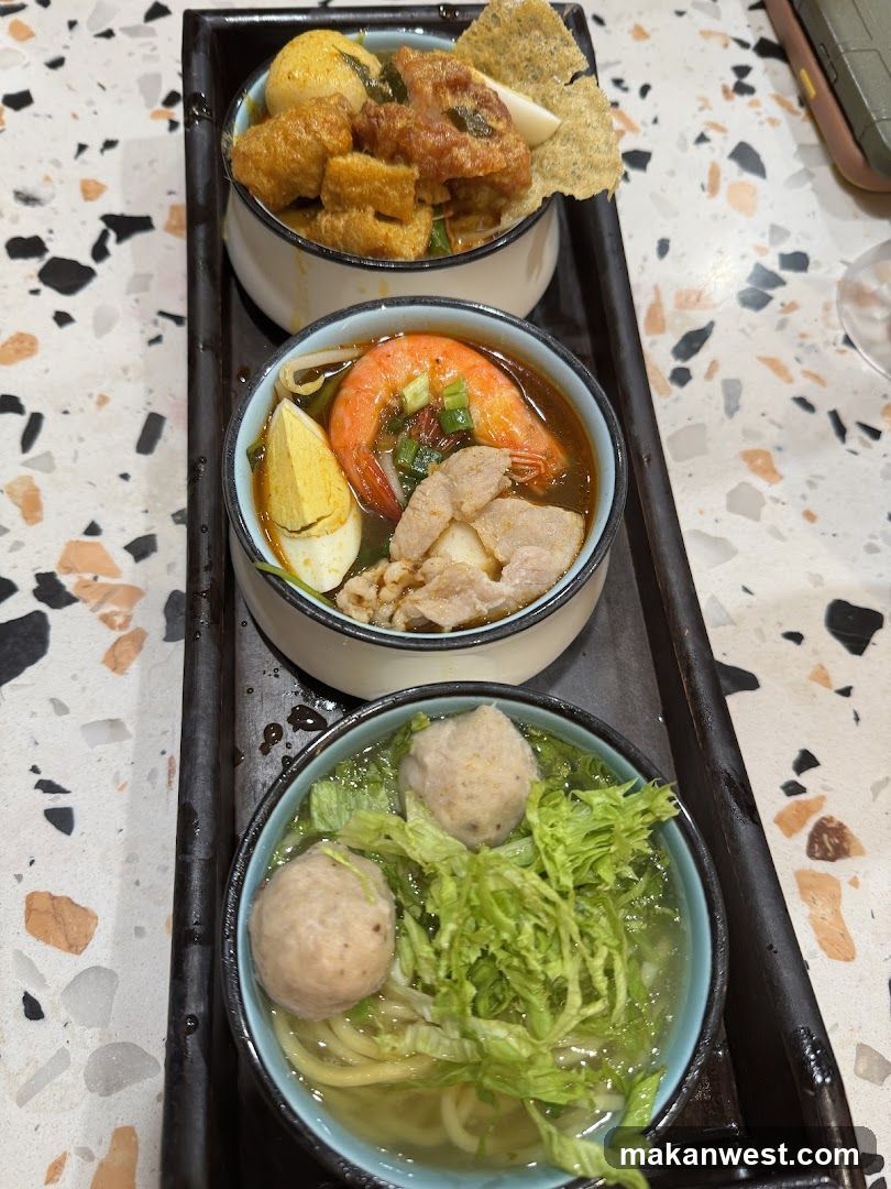Three Bowls of Noodle Soup with Side Dishes