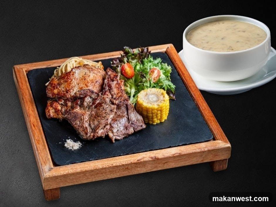 Steak with Salad and Corn on a Slate Platter
