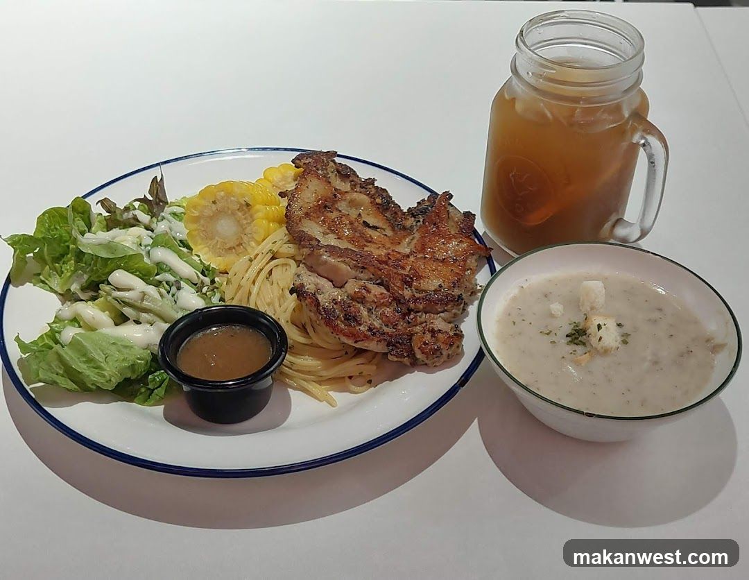Meal with Chicken, Pasta, Salad and Soup
