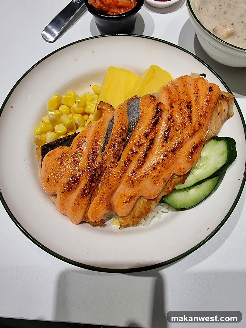 Grilled Salmon Bowl with Corn and Cucumber