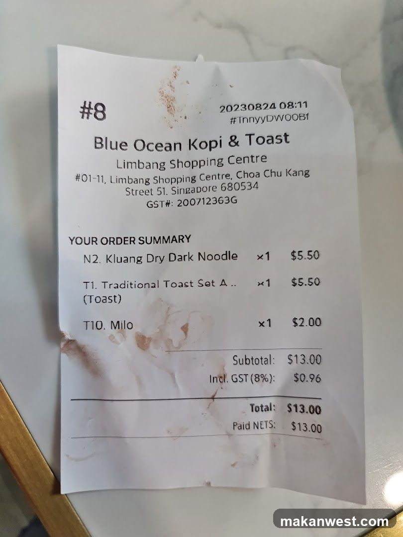 Receipt from Blue Ocean Kopi & Toast
