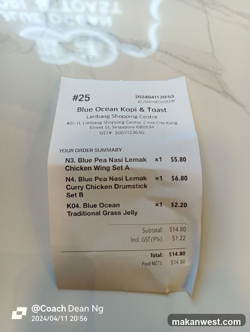Receipt from Blue Ocean Kopi & Toast