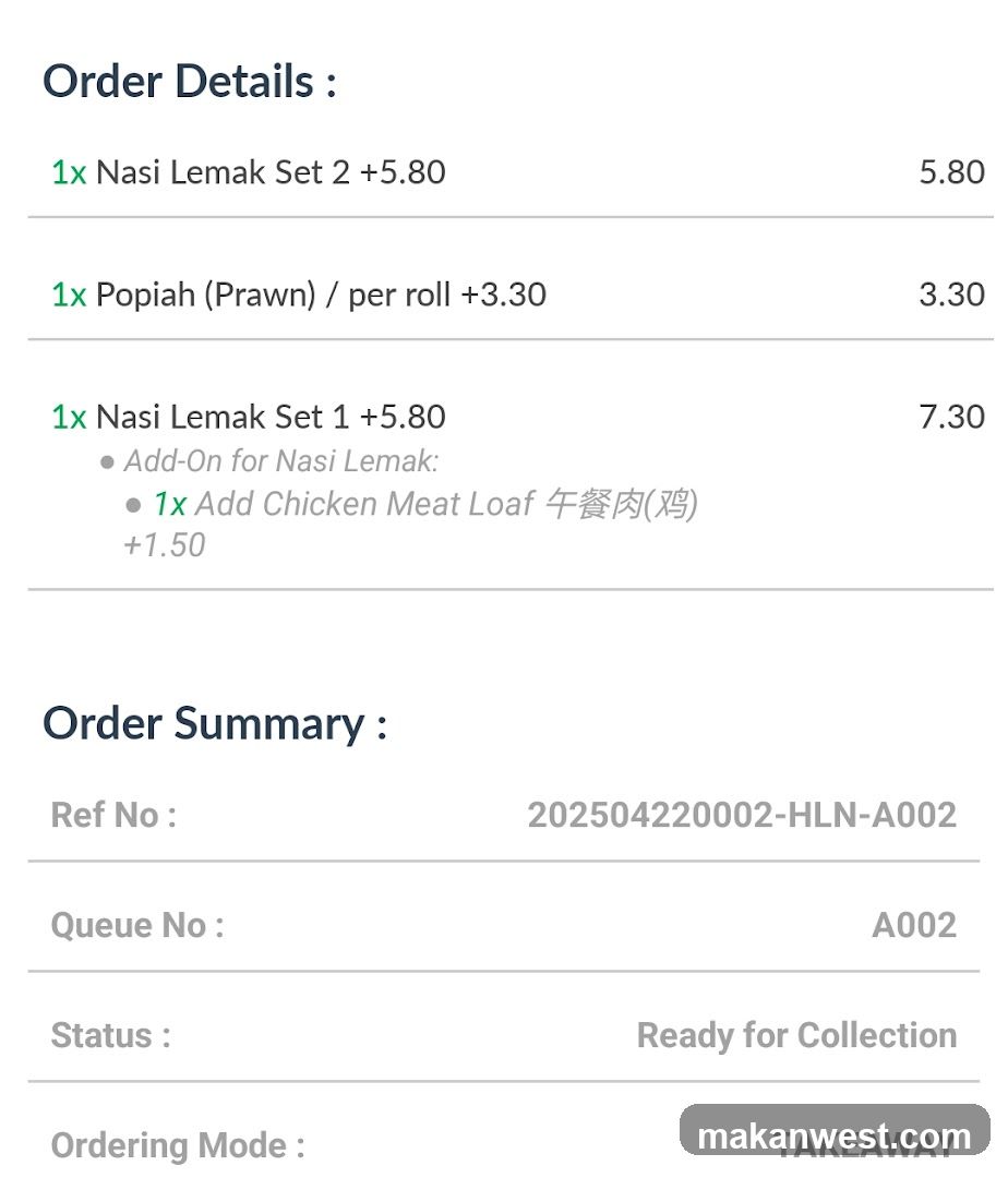 Nasi Lemak Order Receipt
