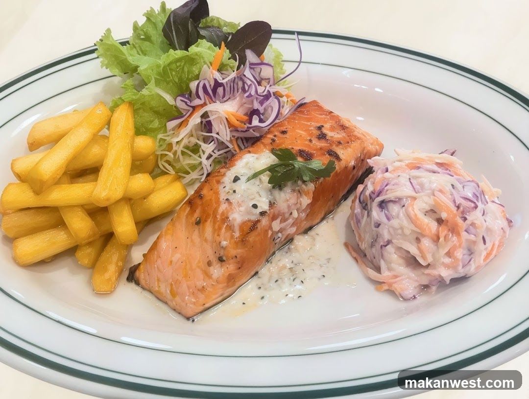 Grilled Salmon with Fries and Coleslaw