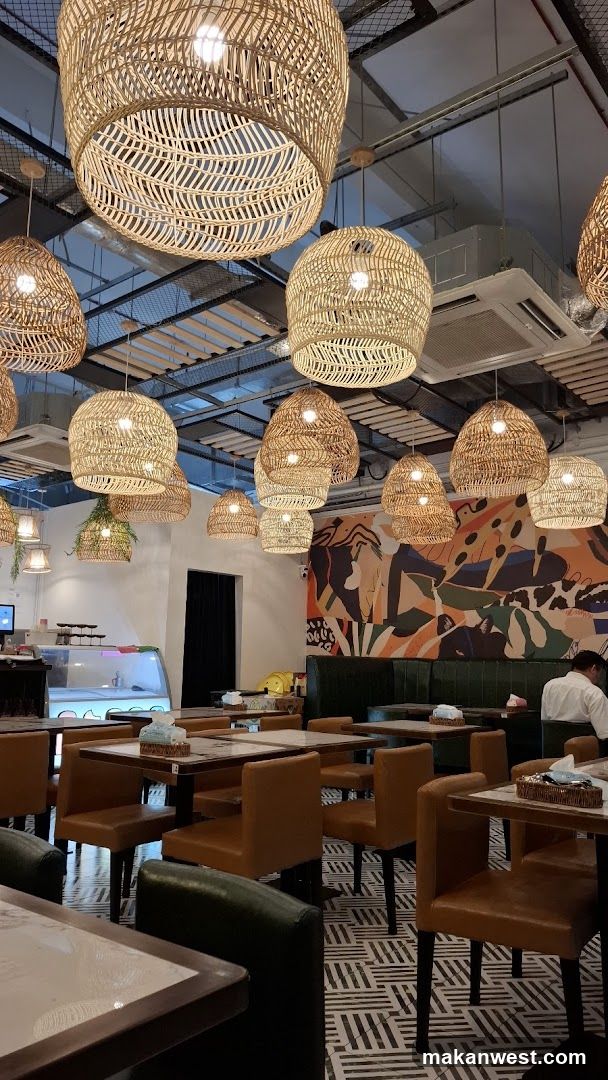 Restaurant Interior with Woven Pendant Lights