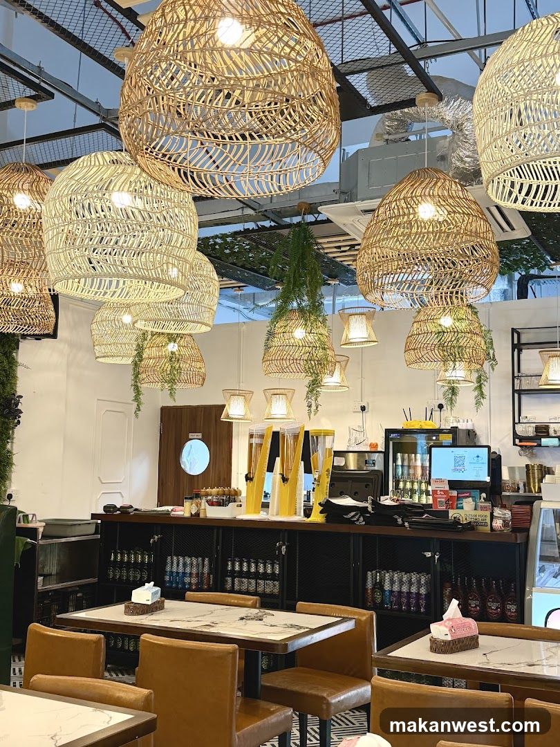 Interior of a restaurant or cafe with woven pendant lights