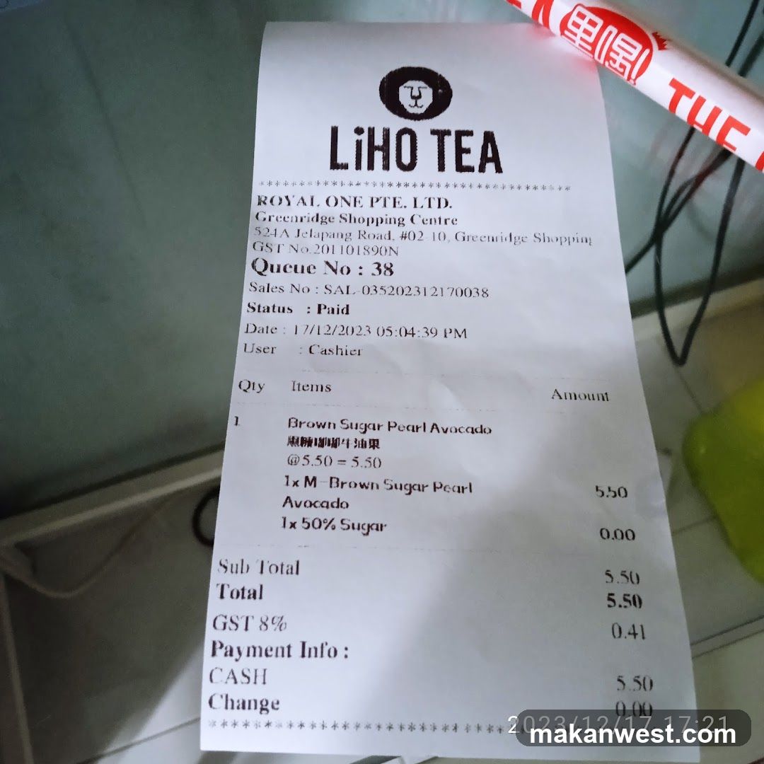 Receipt from LIHO TEA