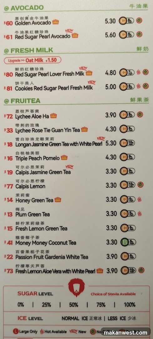 Avocado Fresh Milk Fruits Tea Menu