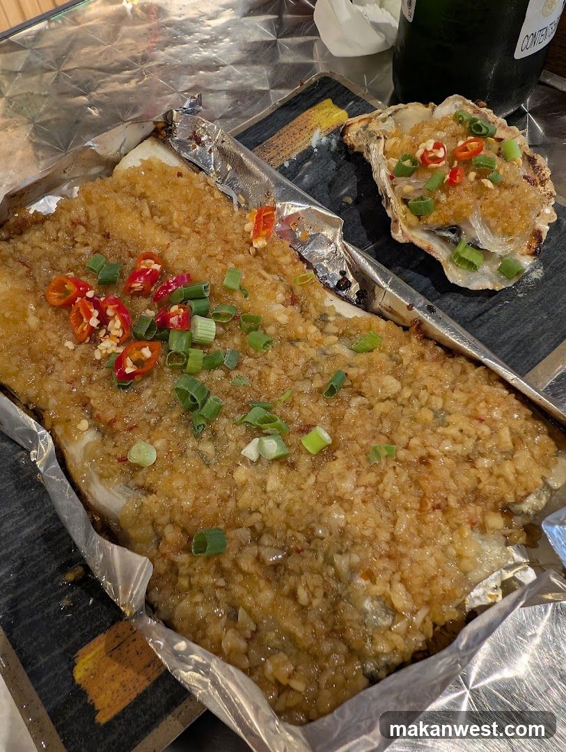 Grilled Fish with Garlic Sauce and Oysters