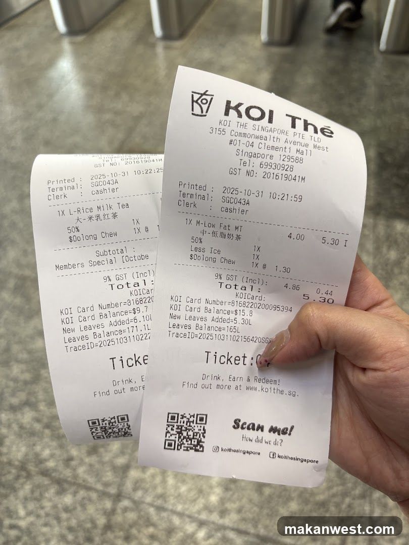 Receipts from KOI The Singapore