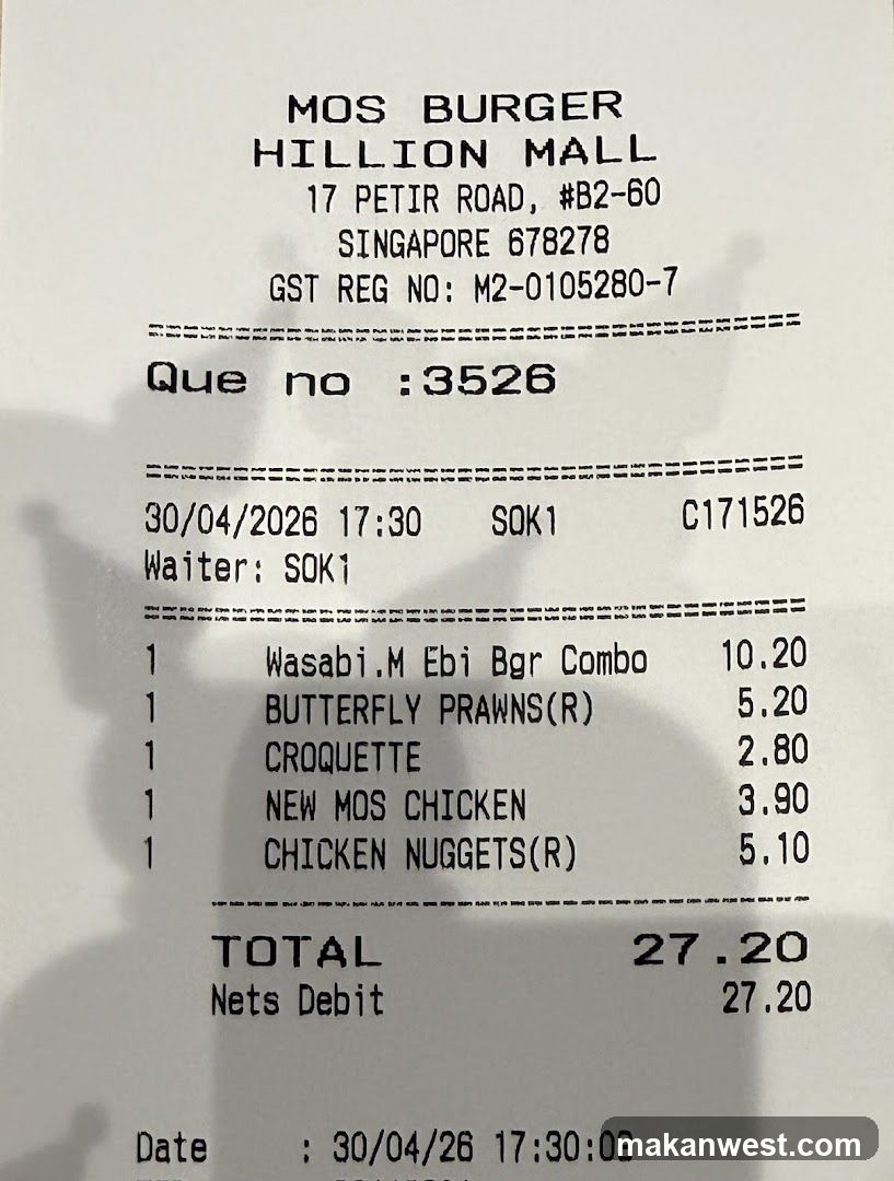 Receipt from Mos Burger Hillion Mall