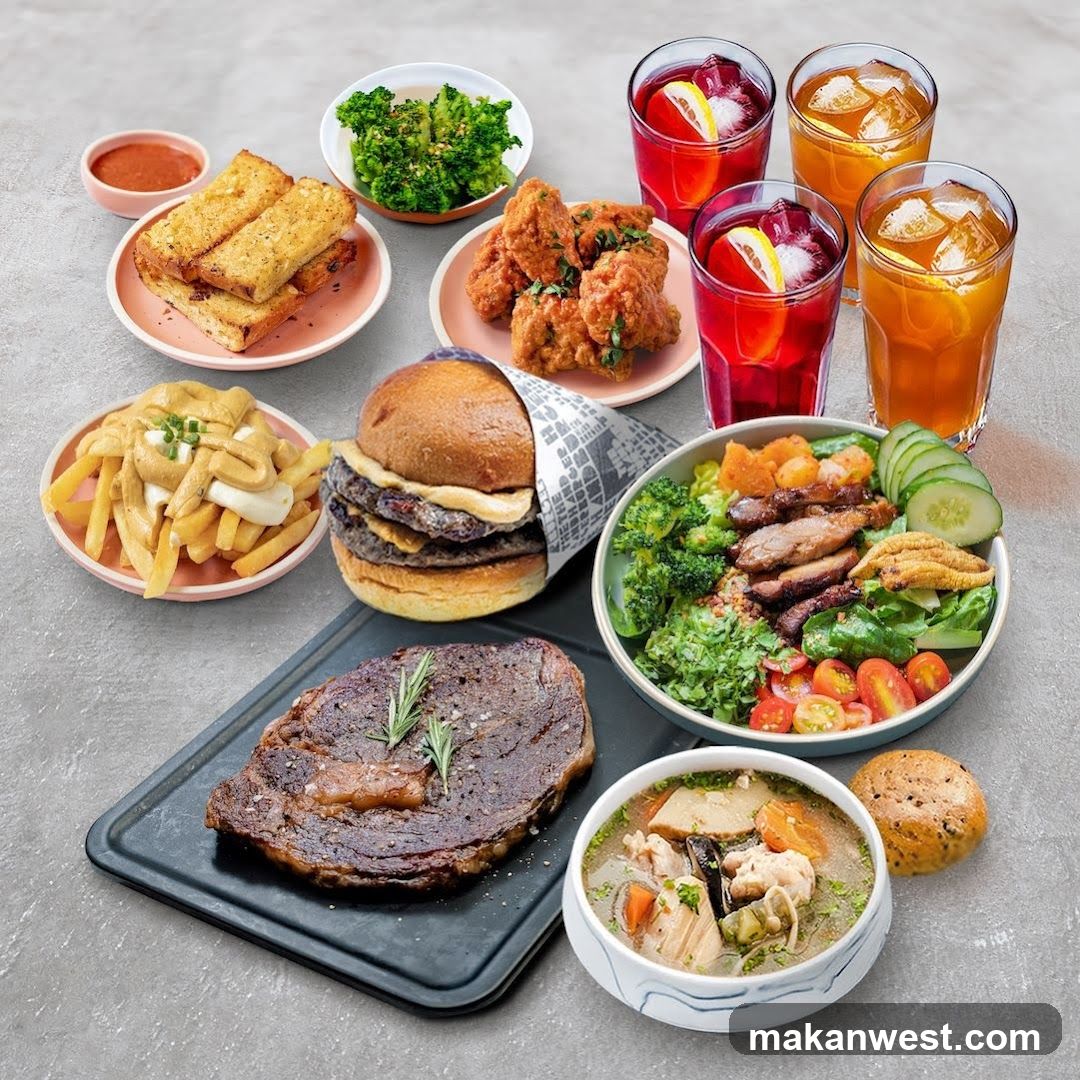 Food Spread with Burgers, Steaks, and Drinks