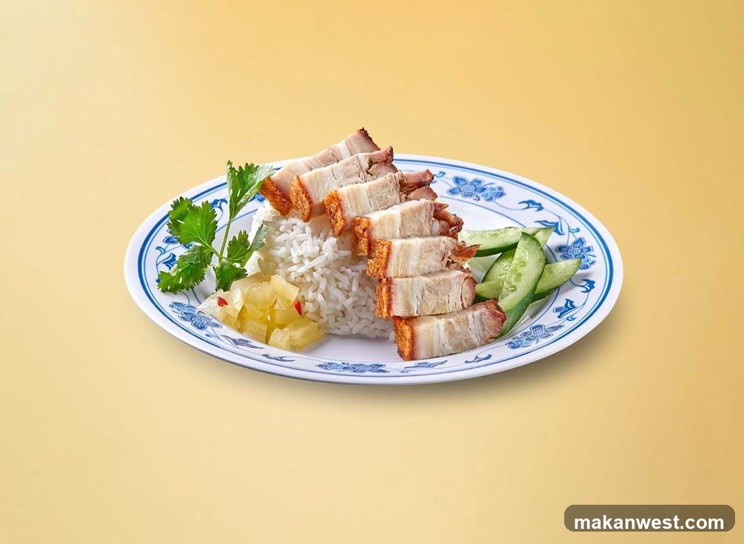 Plate of Roasted Pork with Rice and Cucumber