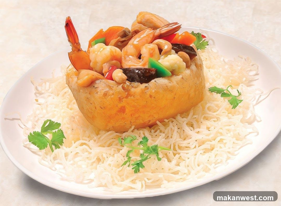 Shrimp and Vegetable Stuffed Potato with Noodles