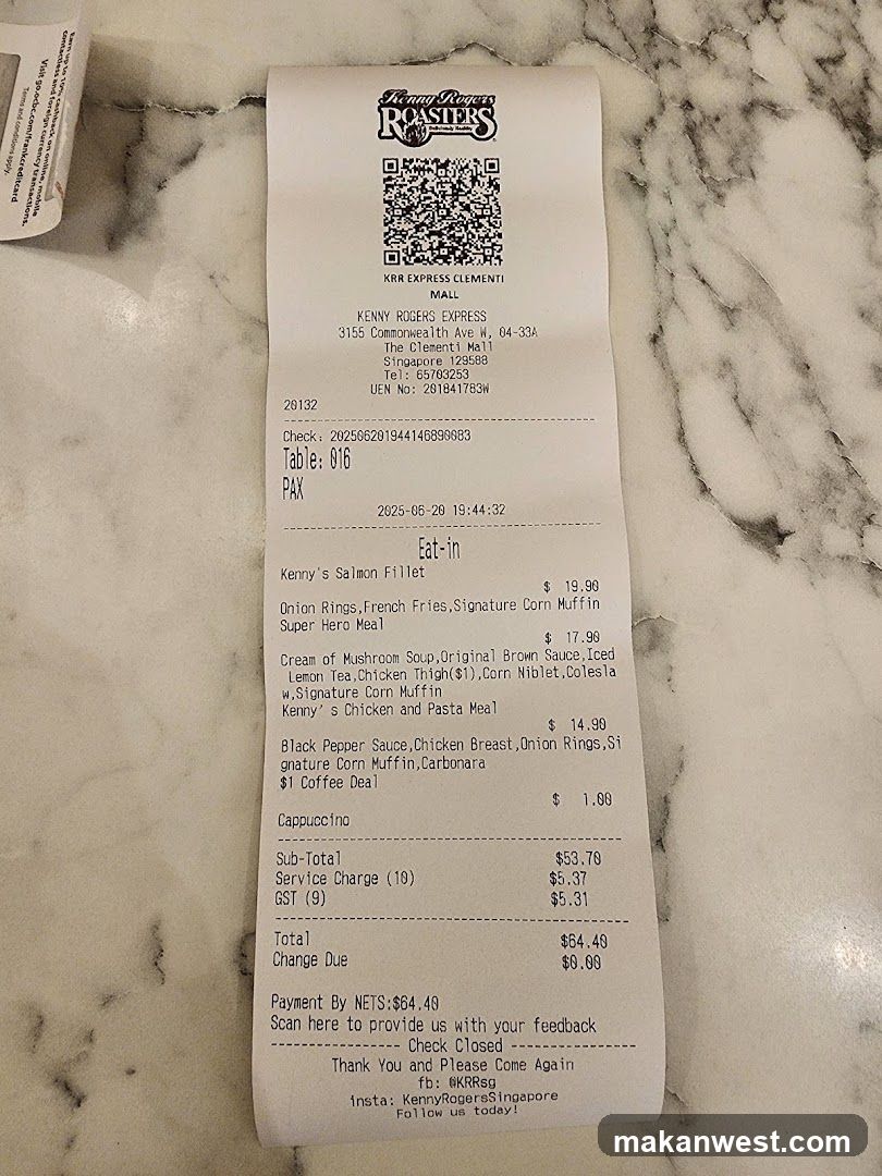 Receipt from Kenny Rogers Express Mall