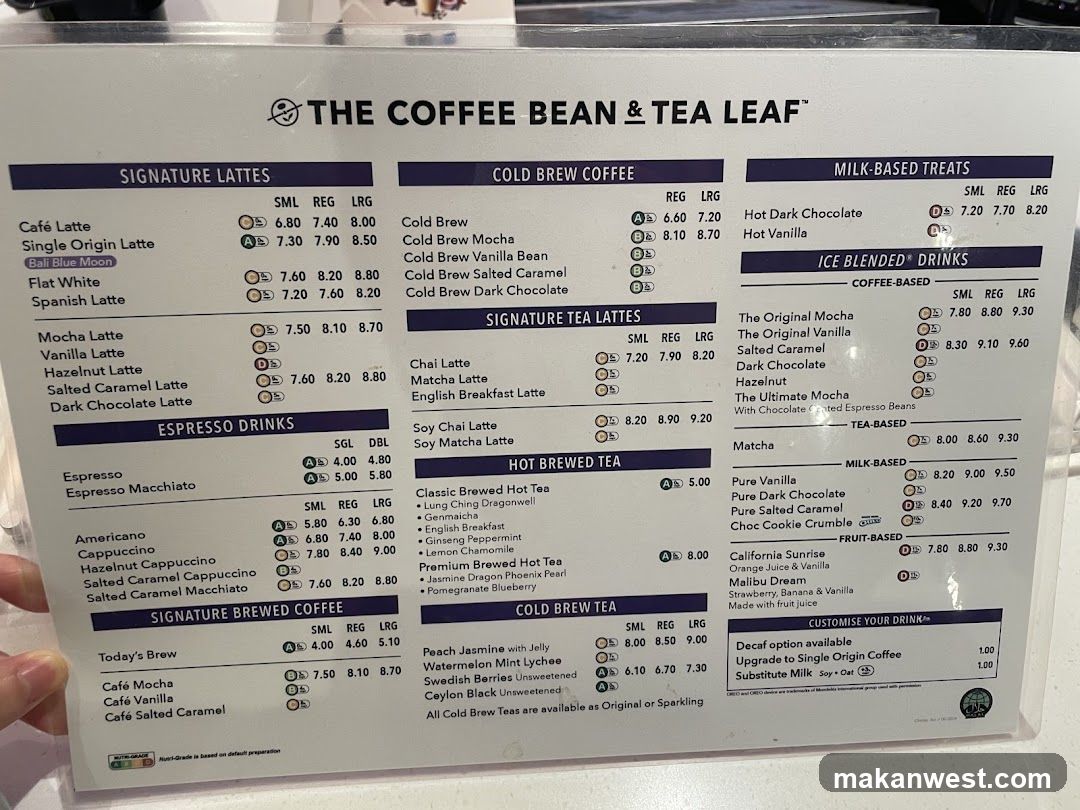 The Coffee Bean & Tea Leaf Menu