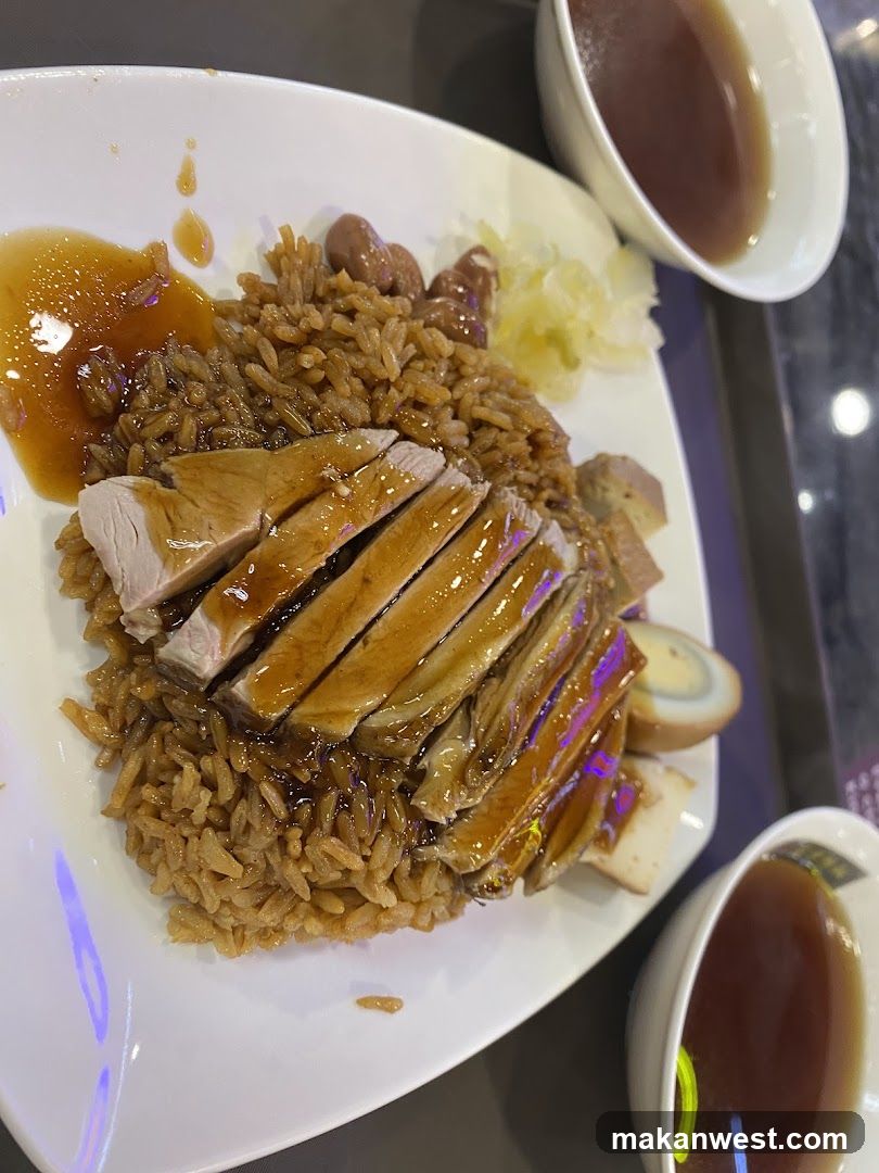 Duck Rice Plate with Sauce and Soup Bowls