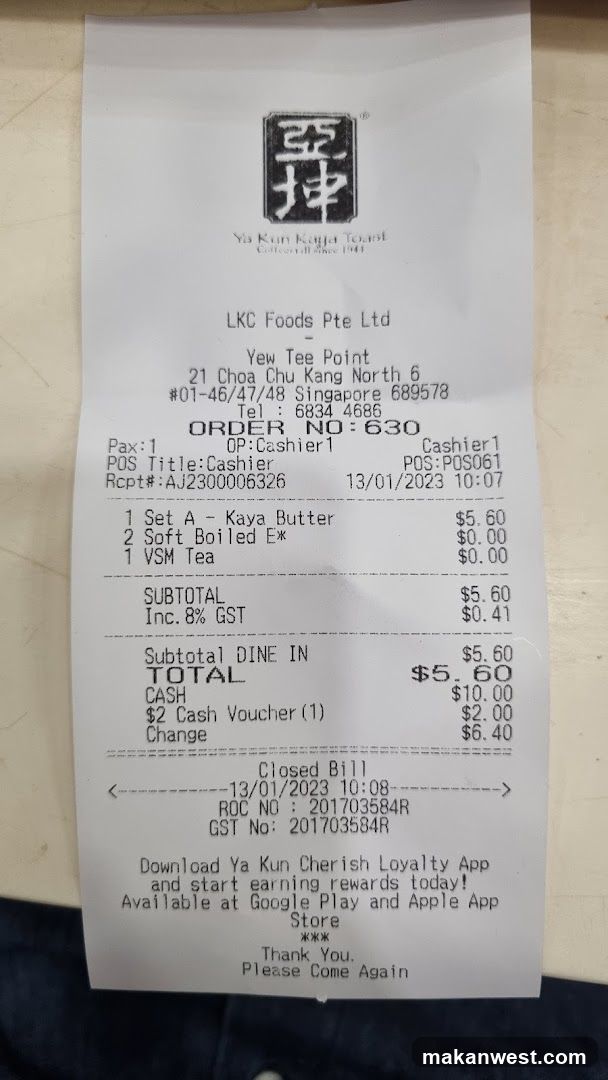 Receipt from Ya Kun Kaya Toast