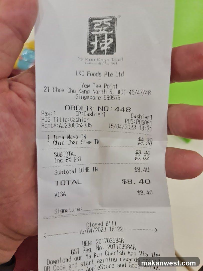 Receipt from Ya Kun Kaya Toast