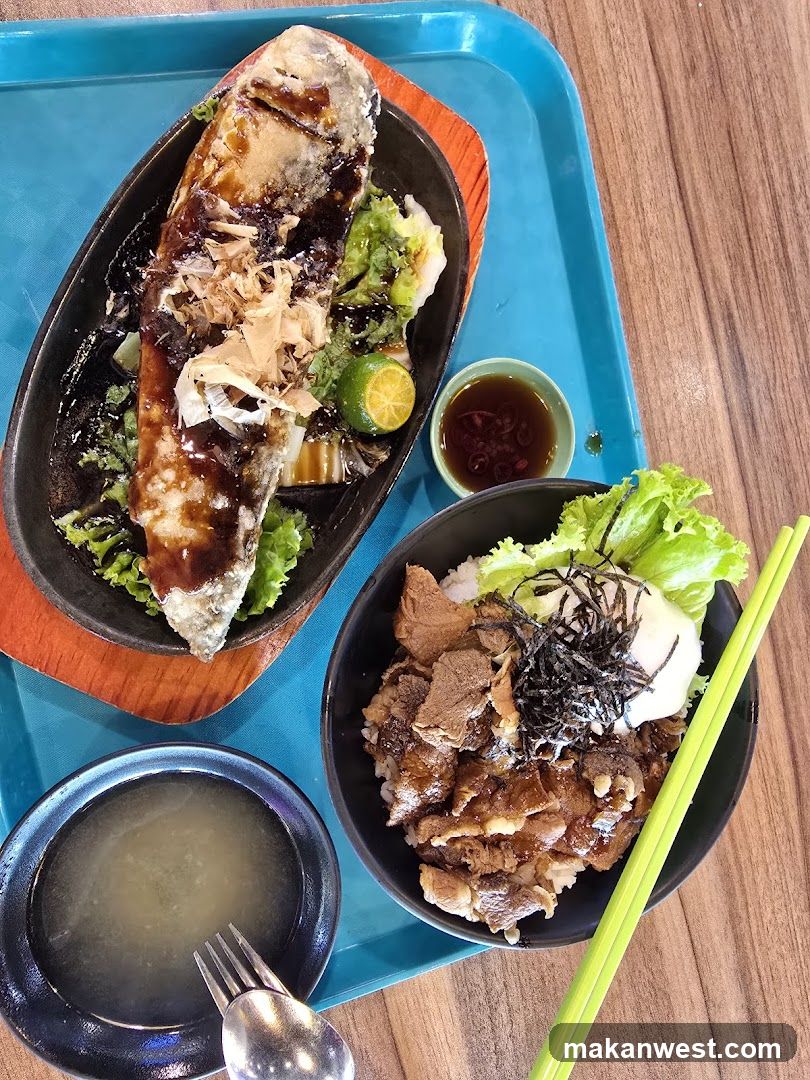 Food Tray with Grilled Fish and Beef Bowl