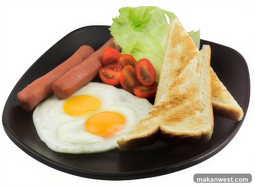 Breakfast Plate with Eggs, Toast, Sausages and Tomatoes