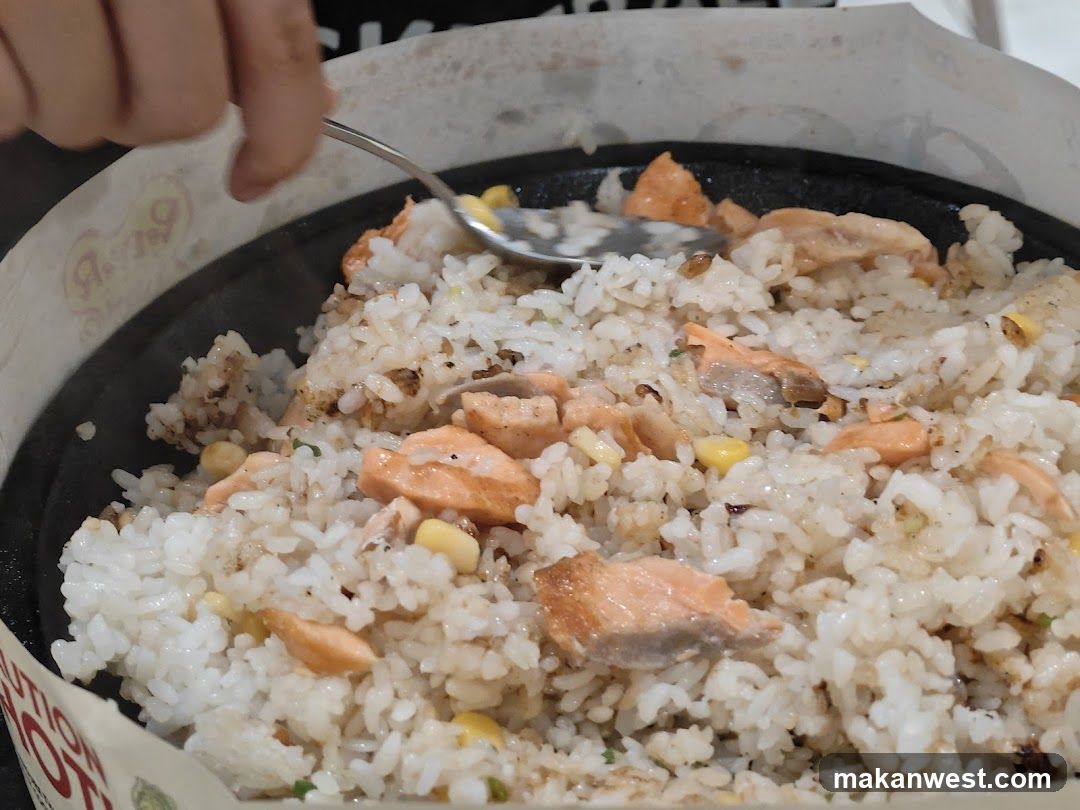 Salmon Fried Rice in a Paper Container