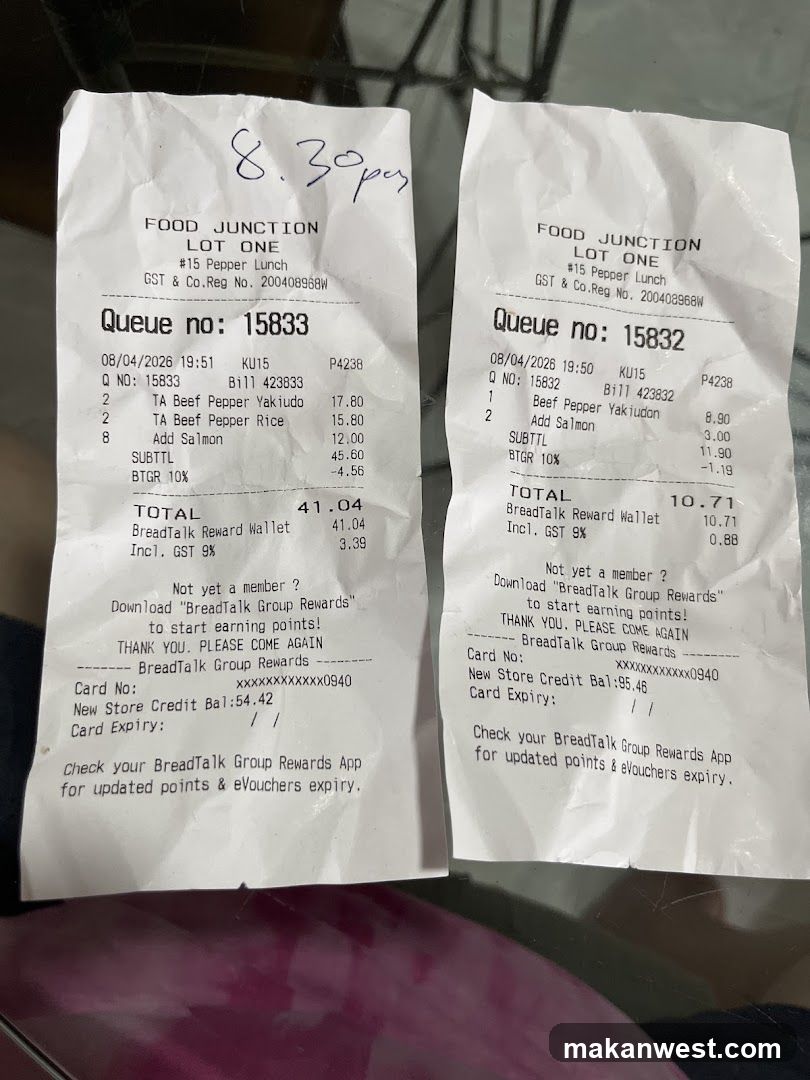 Receipts from Food Junction Lot One