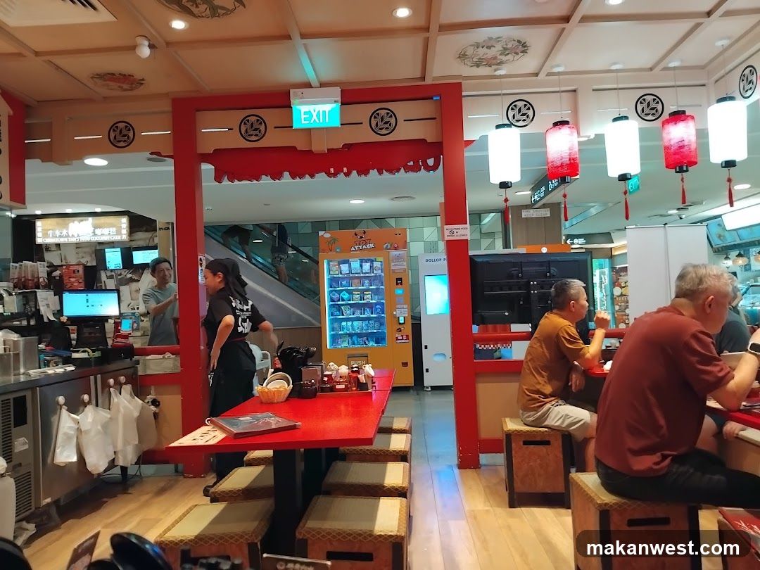 Restaurant Interior with Red Tables and Hanging Lanterns