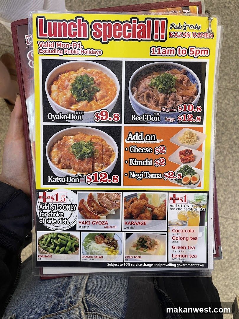 Kazan Ramen Lunch Special Menu