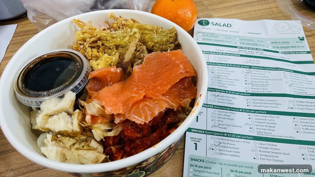 Bowl of food with menu in background